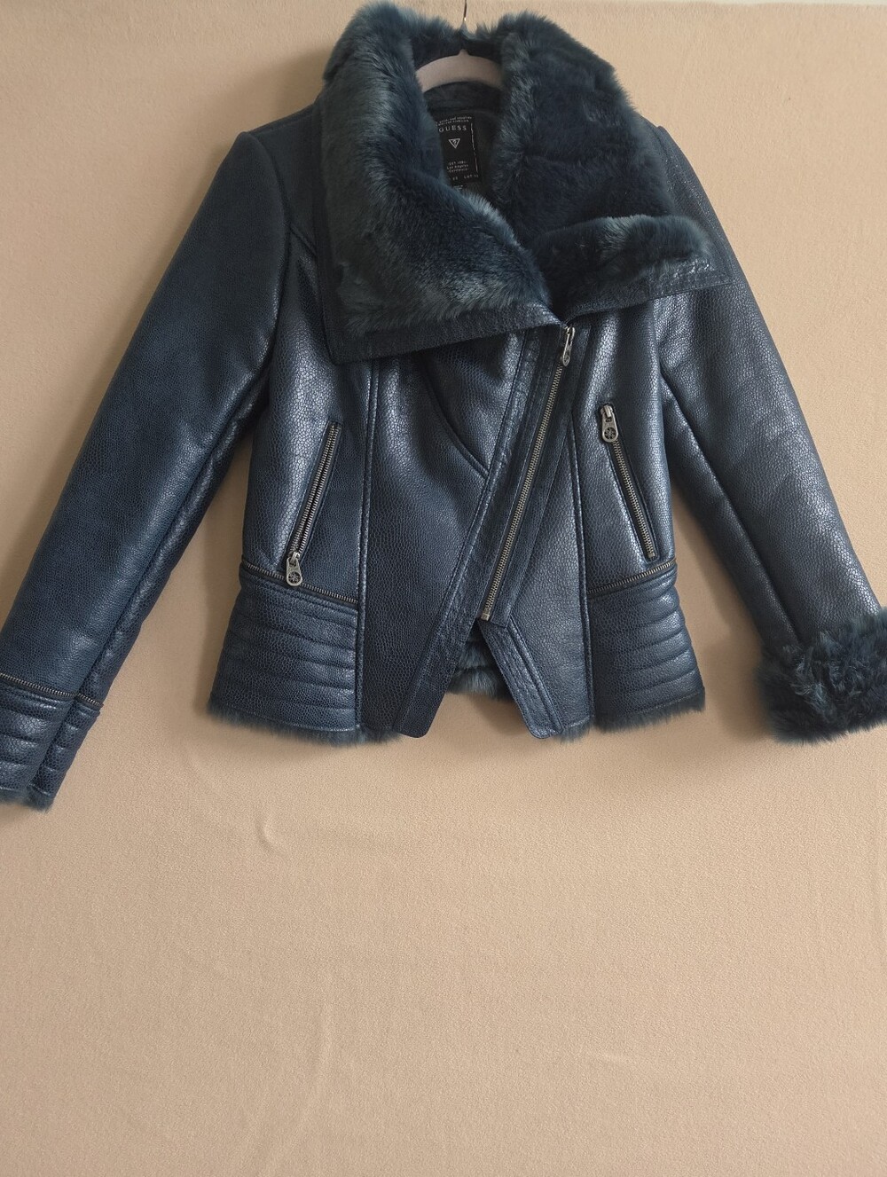 Guess Asymmetric Faux Leather Moto Blue Jacket Size S